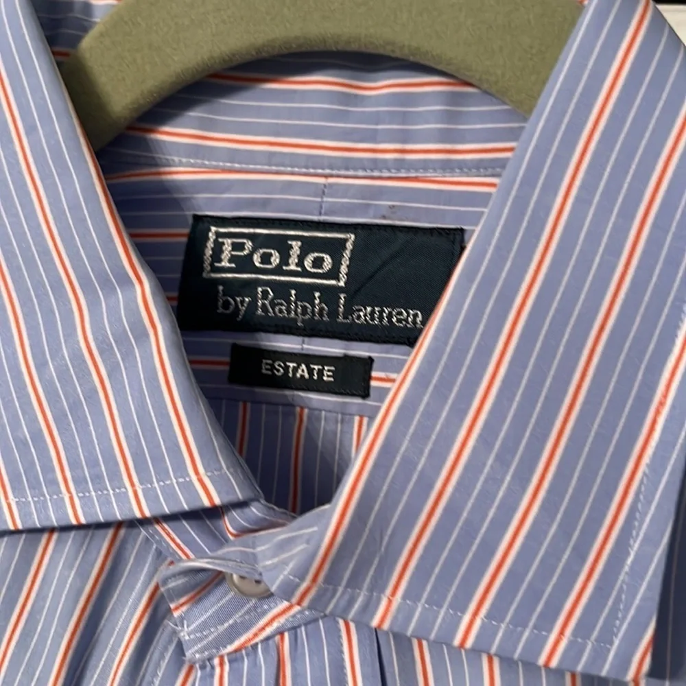 Mens polo blue orange striped button down 15.5 34/35 - Picture 2 of 3